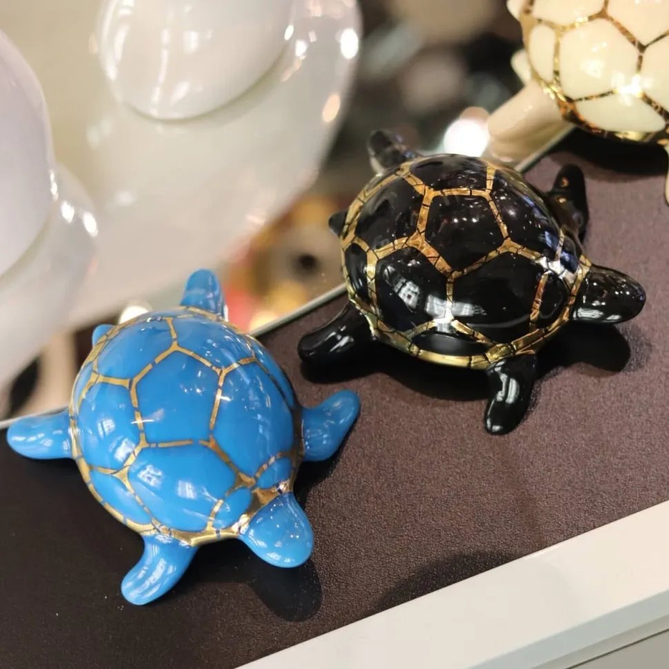 Tortue porte-bonheur turquoise & or Émaux de Longwy