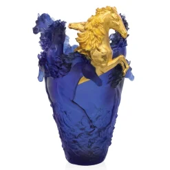 Vase cheval cavalcade magnum bleu & or daum